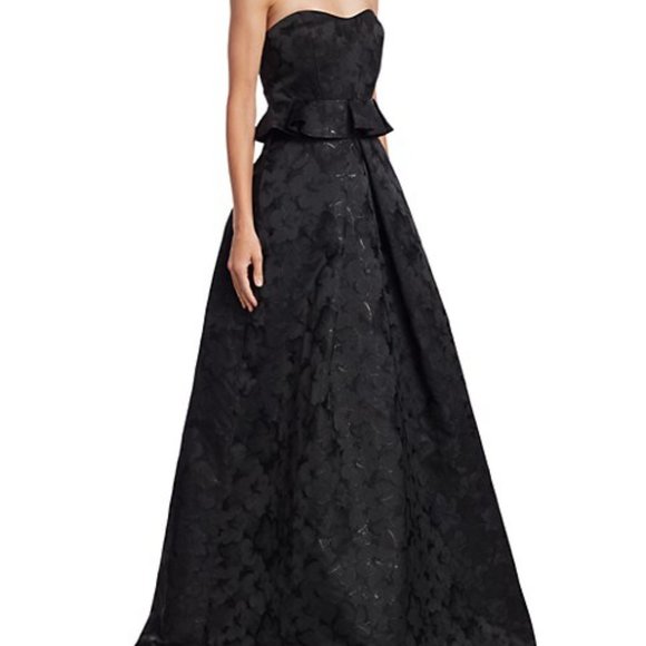 ML Monique Lhuillier Strapless Floral Jacquard Peplum Gown - Picture 2 of 16